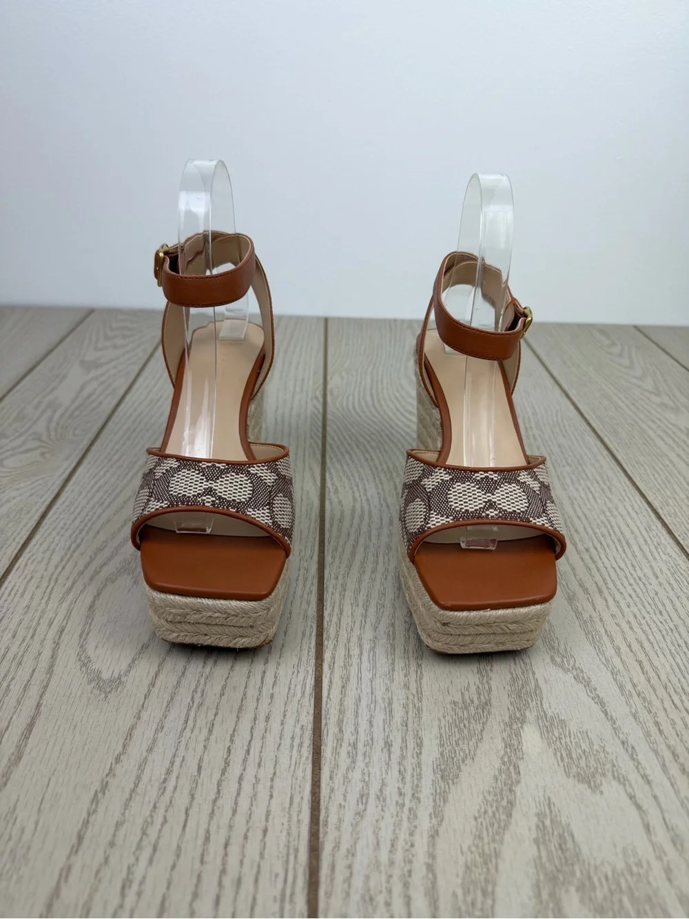 Coach Women's Signature Jacquard Espadrille Wedge Sandals 6.5B Cocoa Amber $175